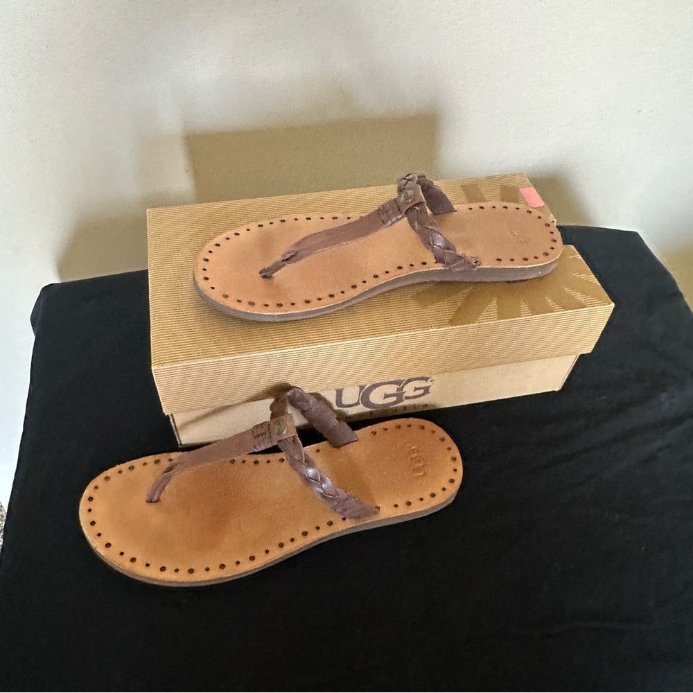 UGG Women's Bria Braided Brown Leather Thong Sandals Size 10 - Picture 4 of 5